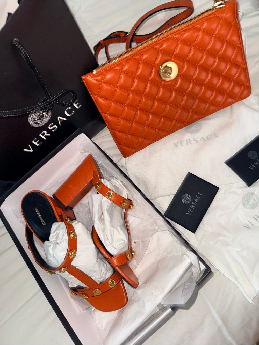 Versace Orange Leather Studded Strappy Sandals